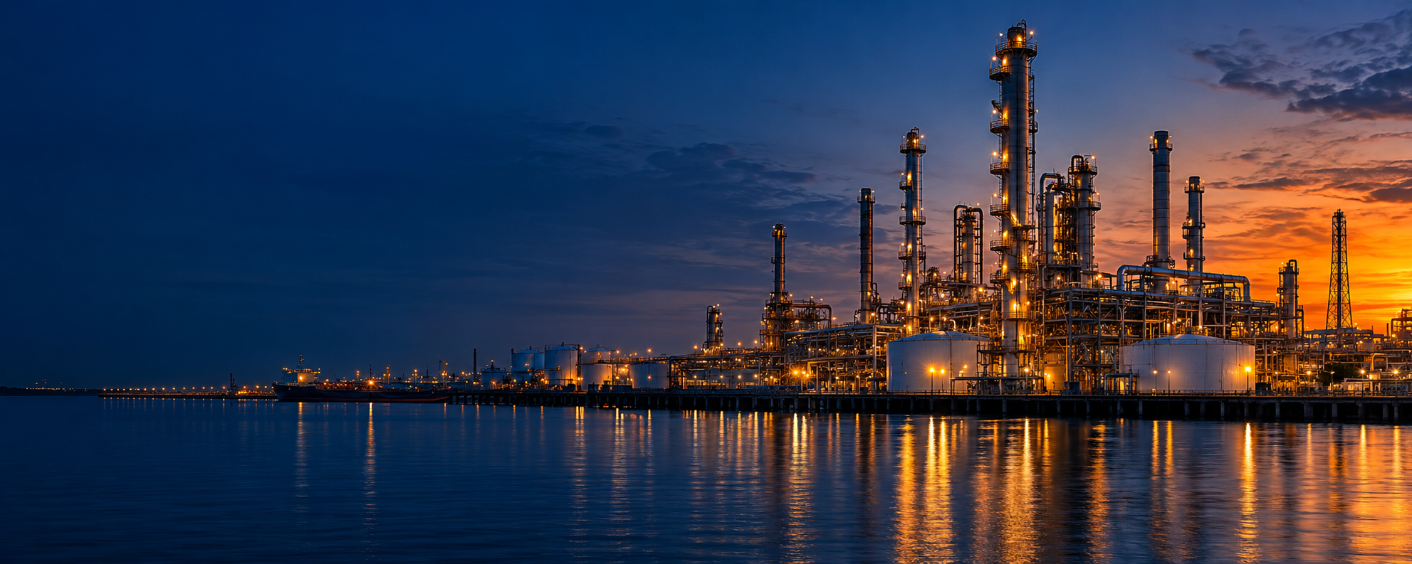Oil and gas facility illuminated at sunset; illustrative image