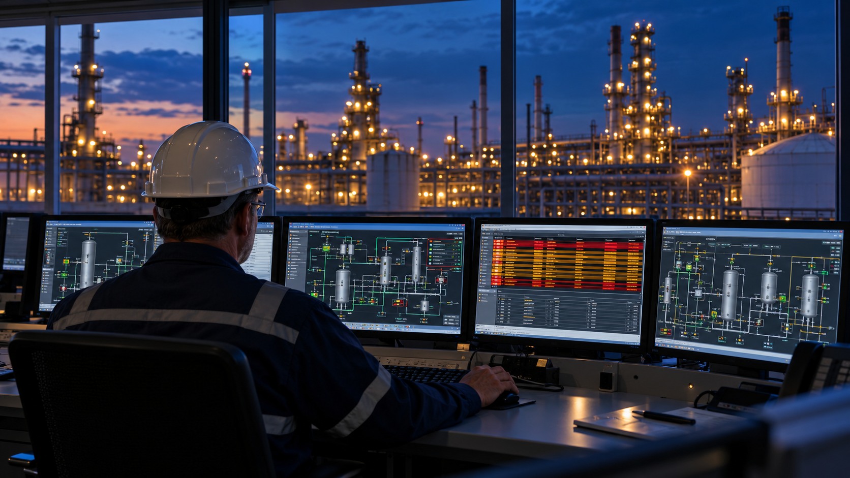 Operator reviewing process control screens in an industrial control room