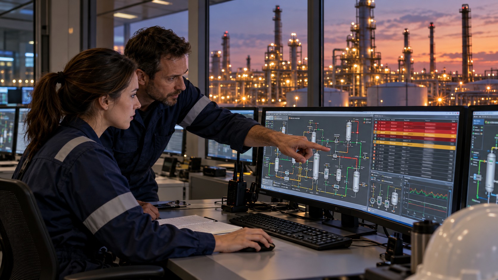 Two engineers discussing an industrial alarm system at a control workstation
