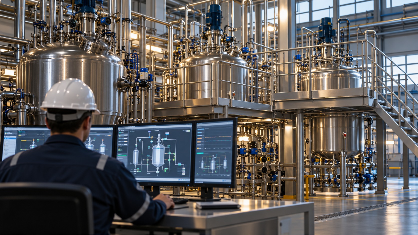 Industrial batch vessels and an engineer reviewing process controls