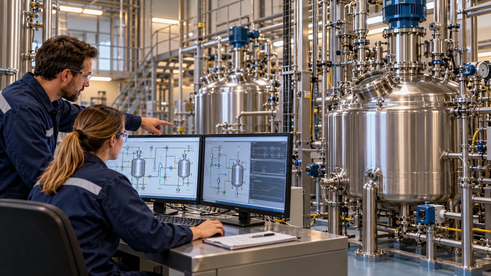 Two engineers reviewing batch process models beside industrial mixing vessels