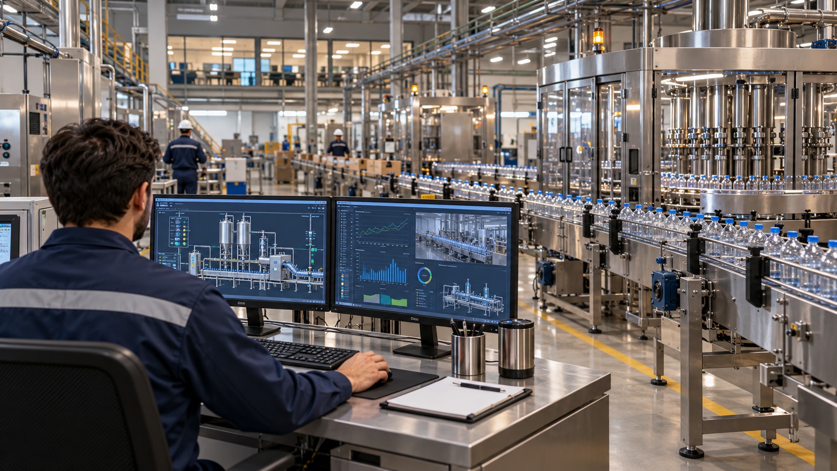 Manufacturing production line with an engineer reviewing factory information