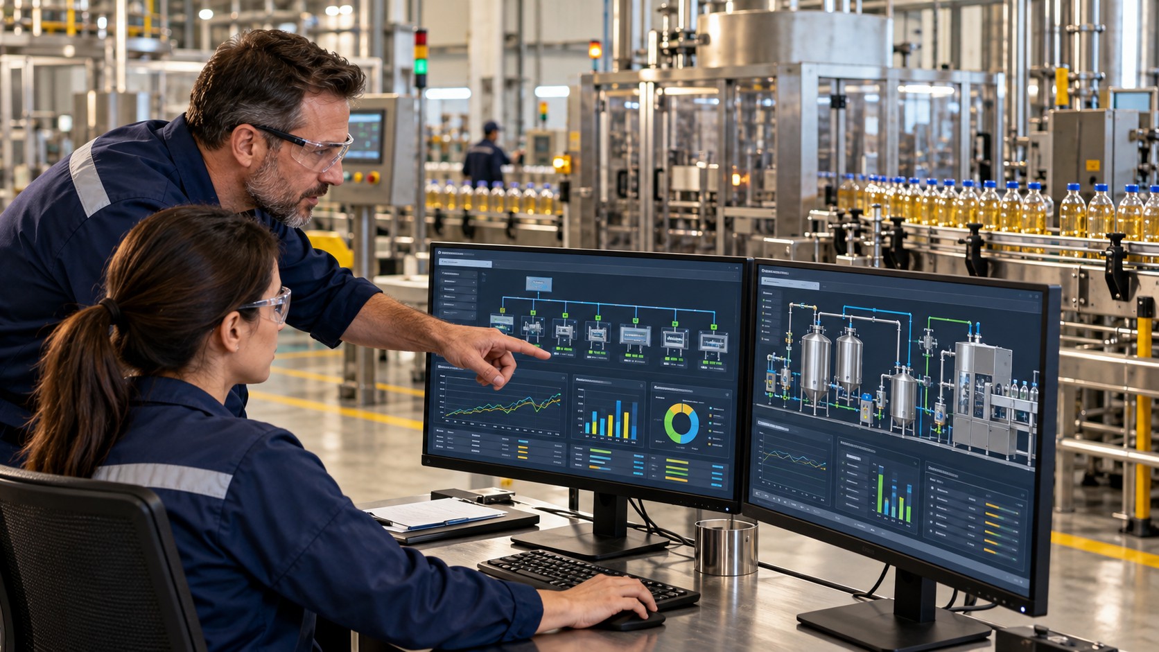 Two engineers reviewing manufacturing information and production dashboards