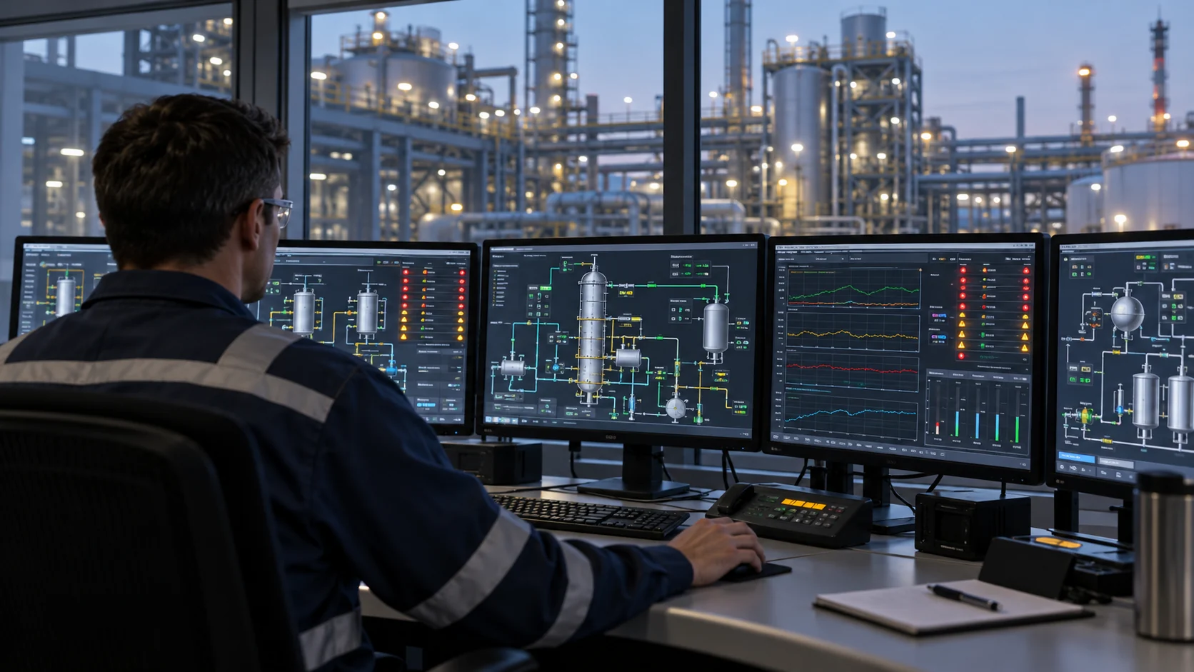 Engineer reviewing process control and alarm displays in a control room