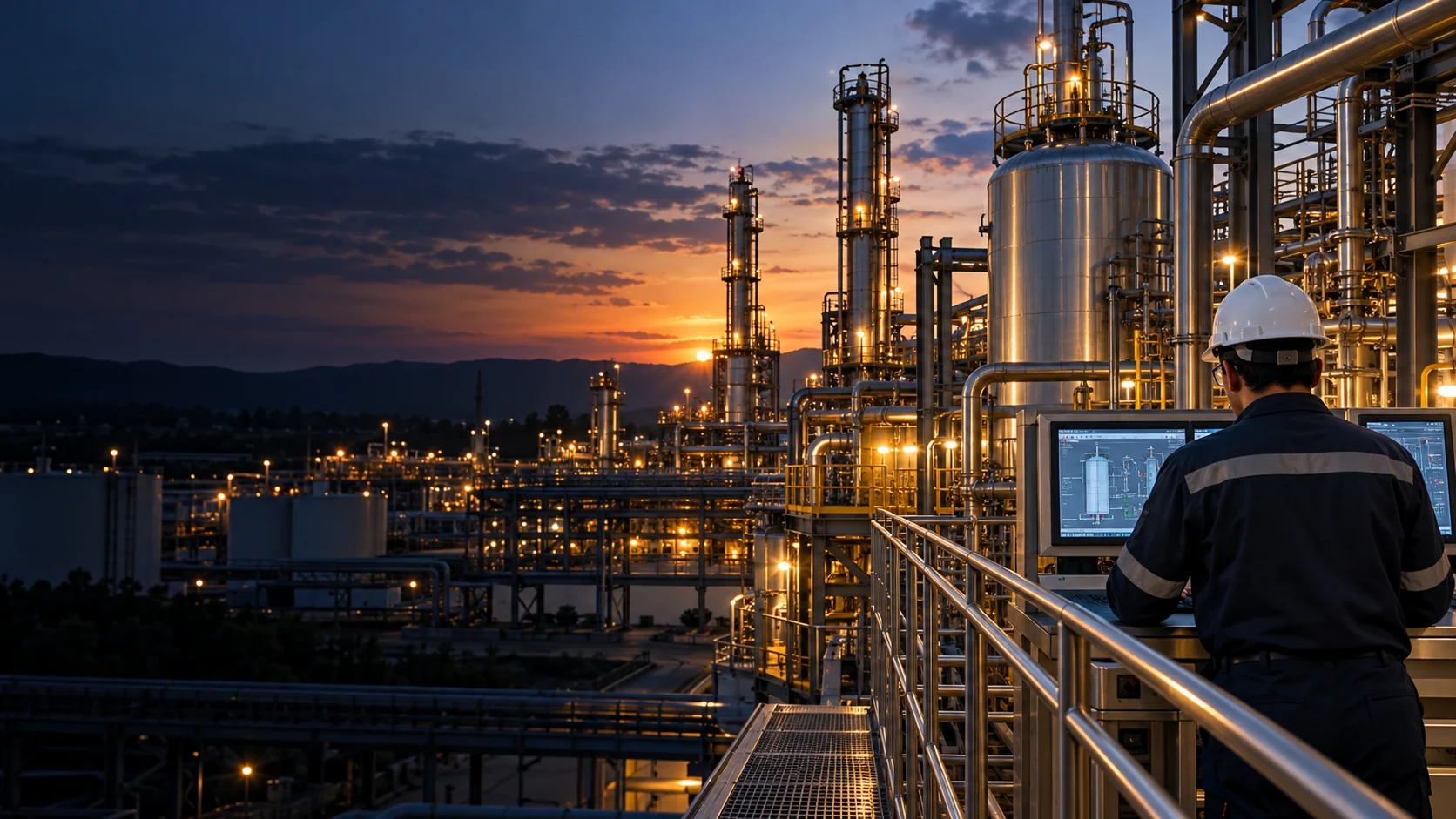 Industrial engineer reviewing a process facility from a control workstation