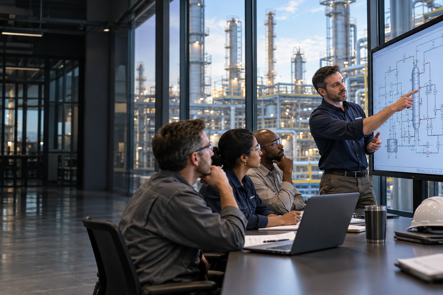 Professionals discussing industrial systems during a technical training session